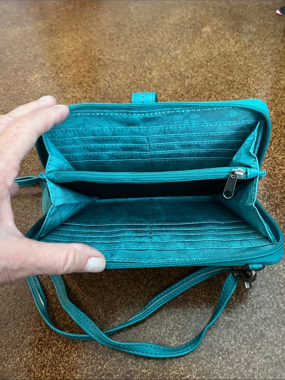 Sakroots Nylon Teal Floral-Print Zip Wallet with Snap Strap